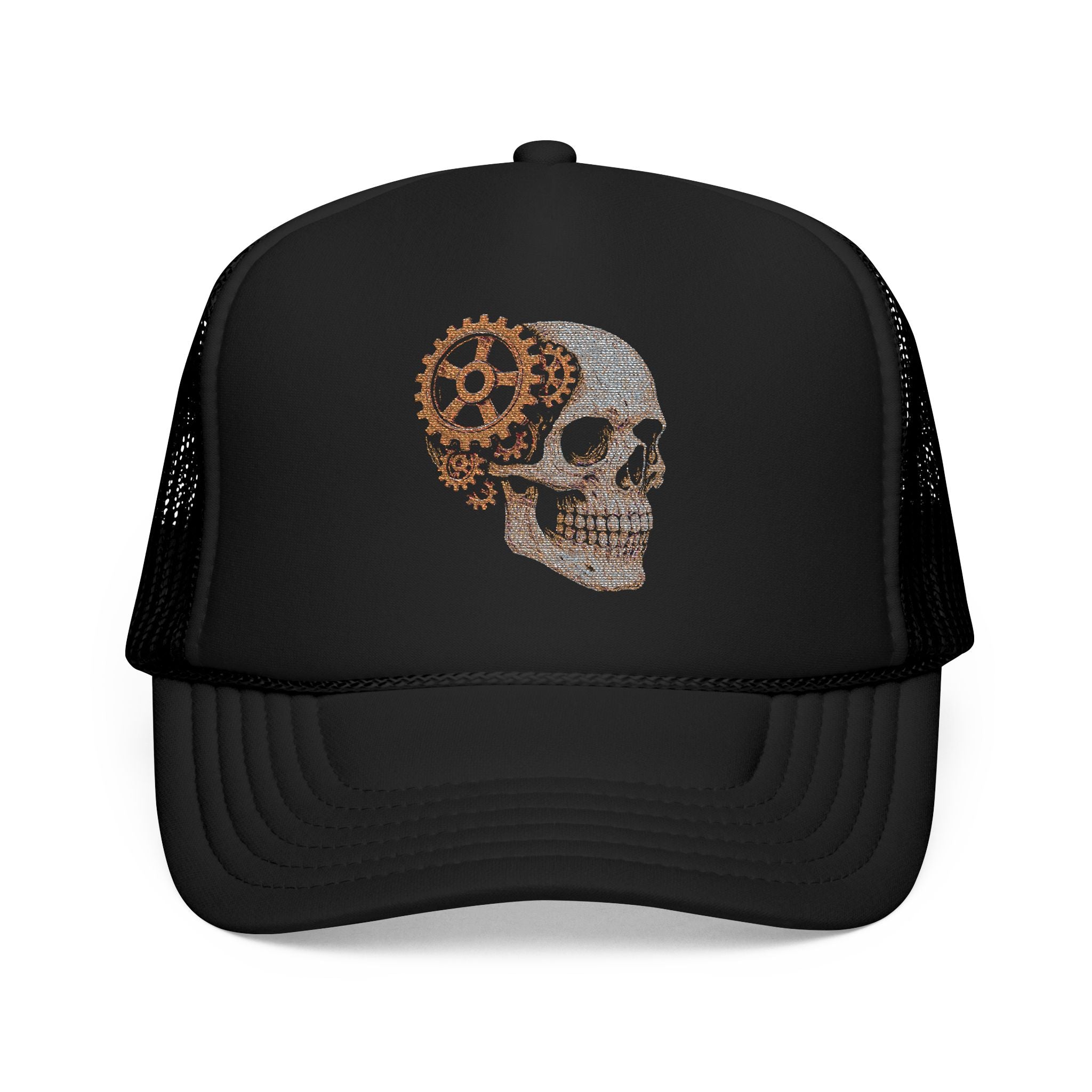 Gothic Skull Trucker Hat, Embroidered Foam Cap, Perfect for Festivals, Concerts, Halloween, Unique Gift for Him