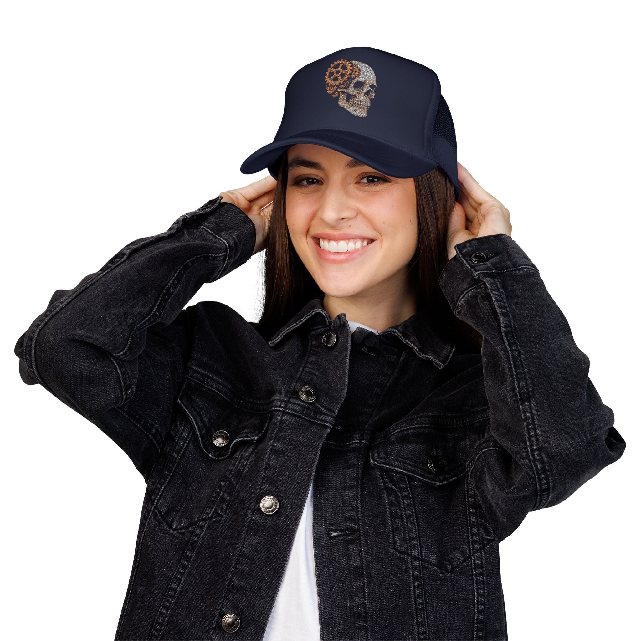 Gothic Skull Trucker Hat, Embroidered Foam Cap, Perfect for Festivals, Concerts, Halloween, Unique Gift for Him