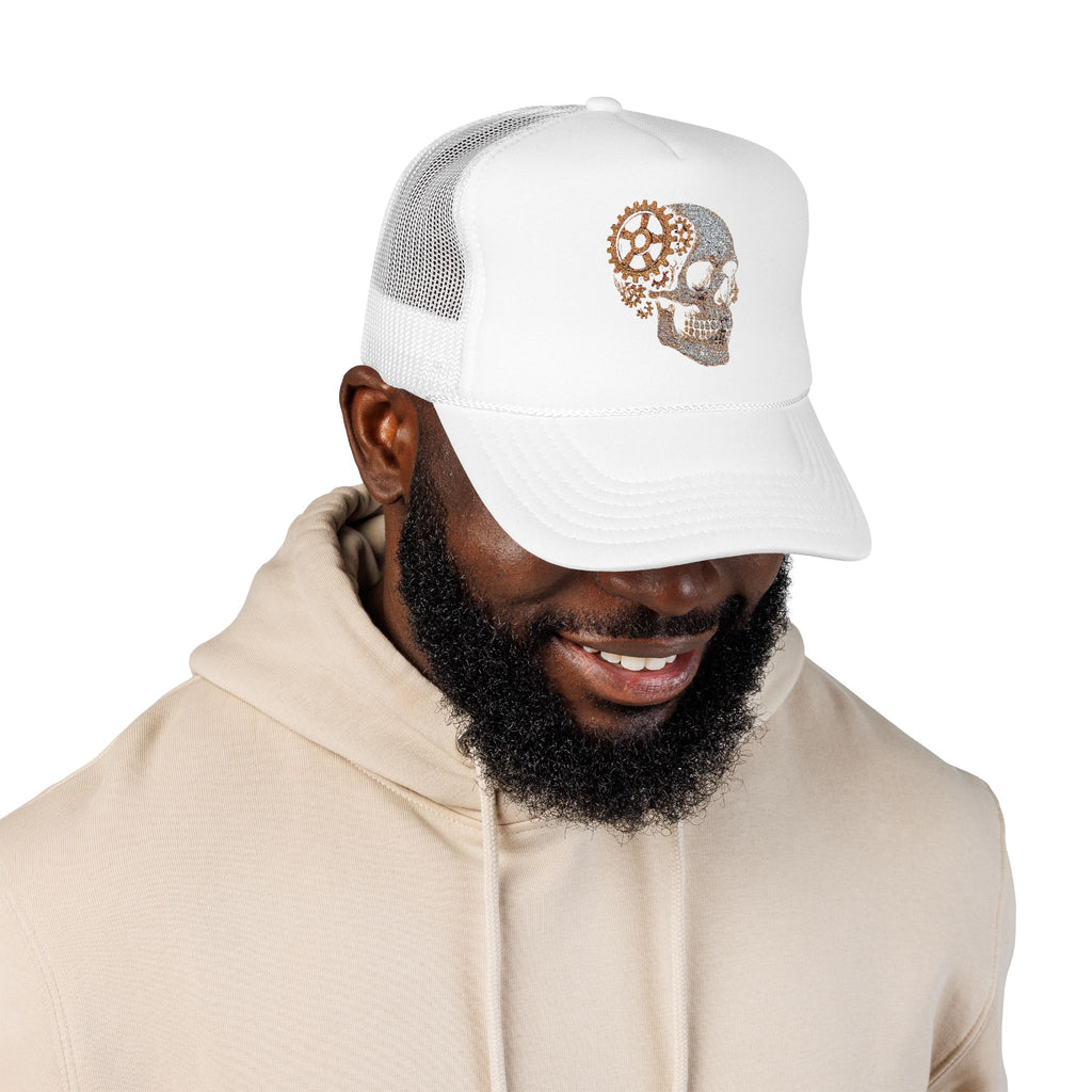 Gothic Skull Trucker Hat, Embroidered Foam Cap, Perfect for Festivals, Concerts, Halloween, Unique Gift for Him