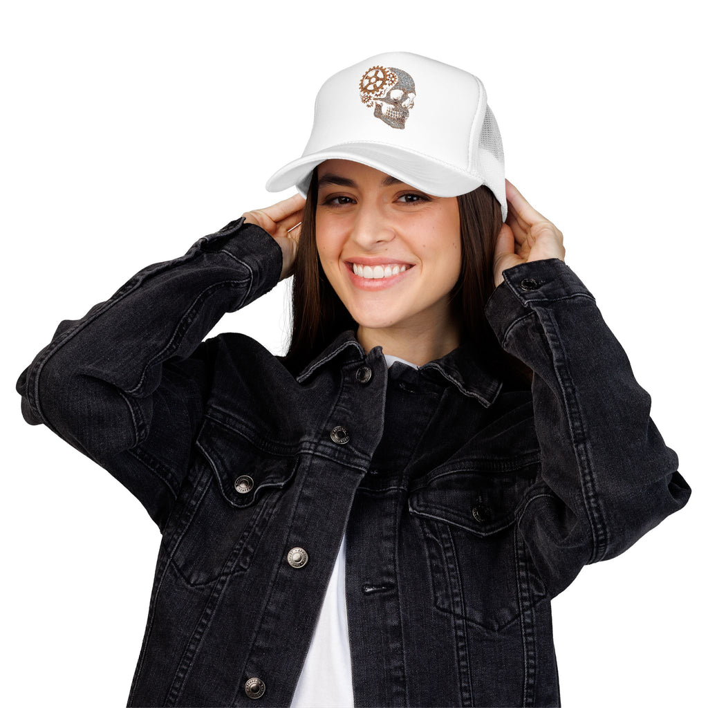Gothic Skull Trucker Hat, Embroidered Foam Cap, Perfect for Festivals, Concerts, Halloween, Unique Gift for Him