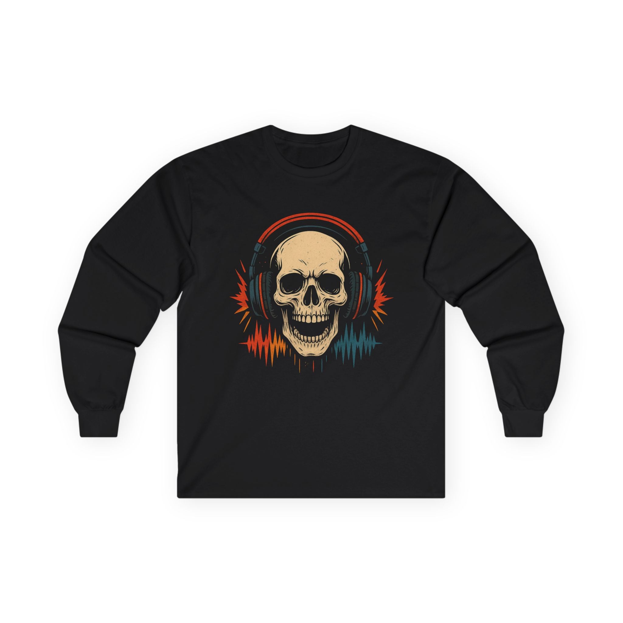 Skull Headphones Long Sleeve Tee - Music Lover Gift, Rocker Shirt, Halloween Apparel, Unisex Graphic Shirt, Gift for Him/Her