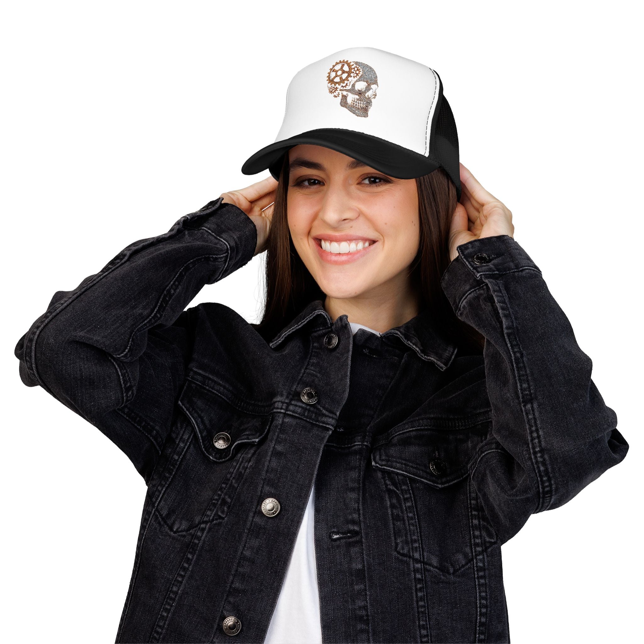 Gothic Skull Trucker Hat, Embroidered Foam Cap, Perfect for Festivals, Concerts, Halloween, Unique Gift for Him
