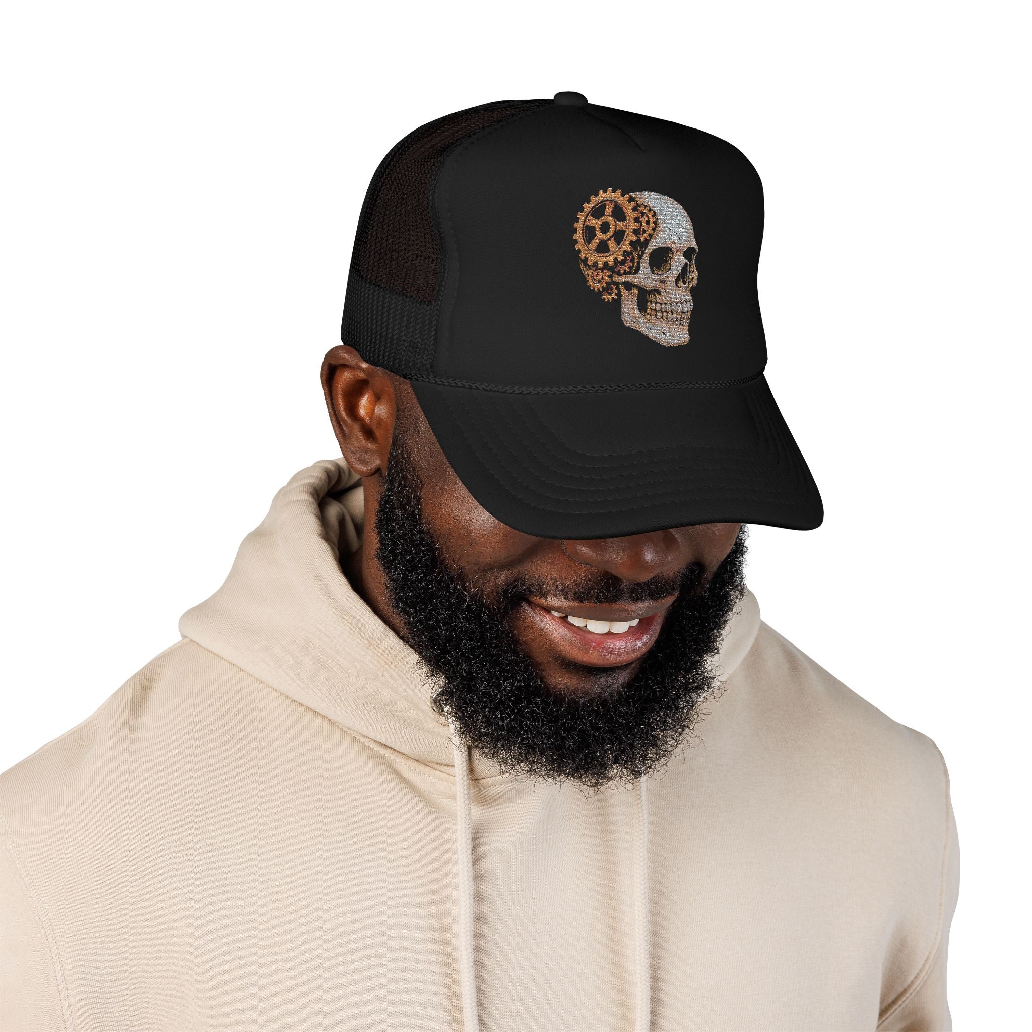 Gothic Skull Trucker Hat, Embroidered Foam Cap, Perfect for Festivals, Concerts, Halloween, Unique Gift for Him