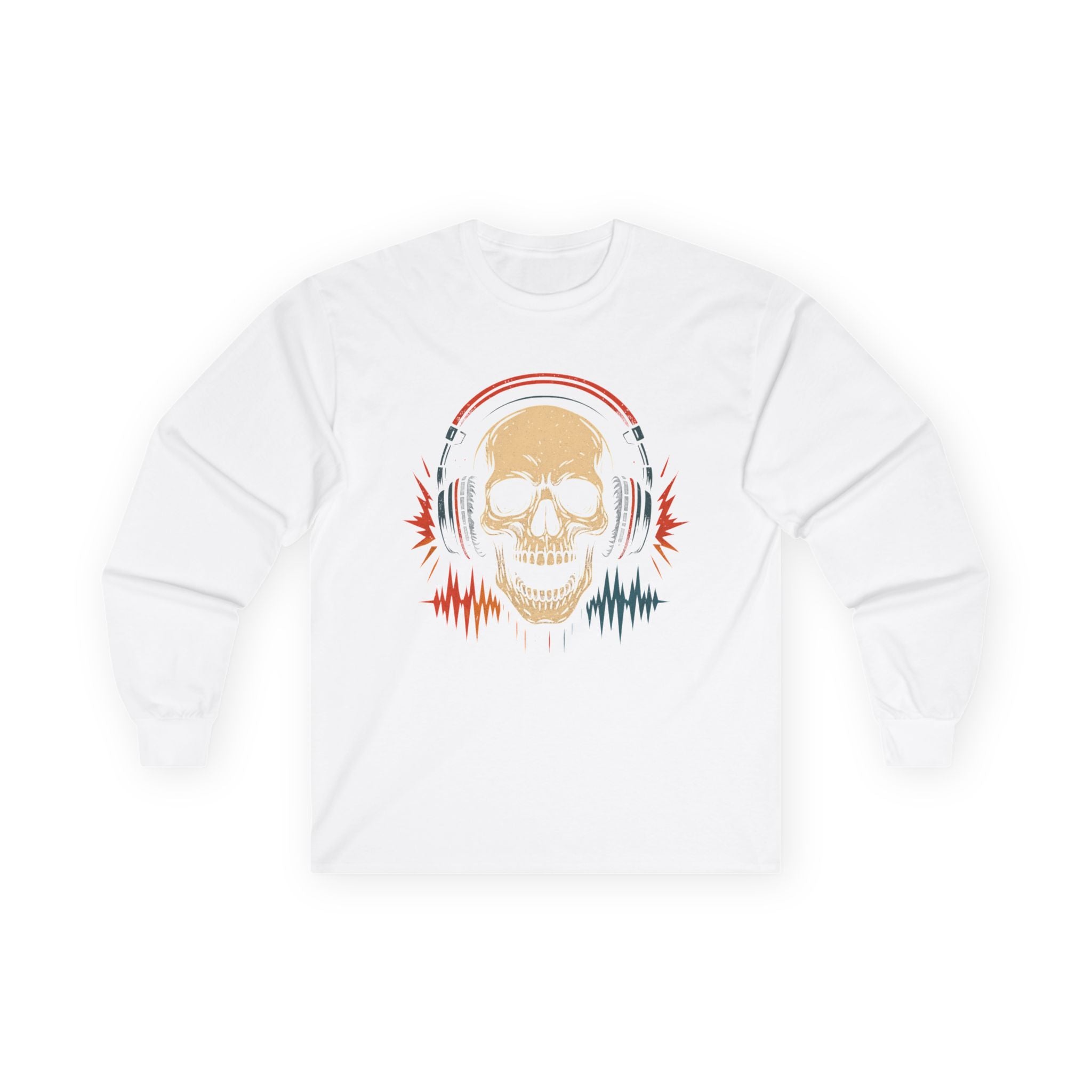 Skull Headphones Long Sleeve Tee - Music Lover Gift, Rocker Shirt, Halloween Apparel, Unisex Graphic Shirt, Gift for Him/Her
