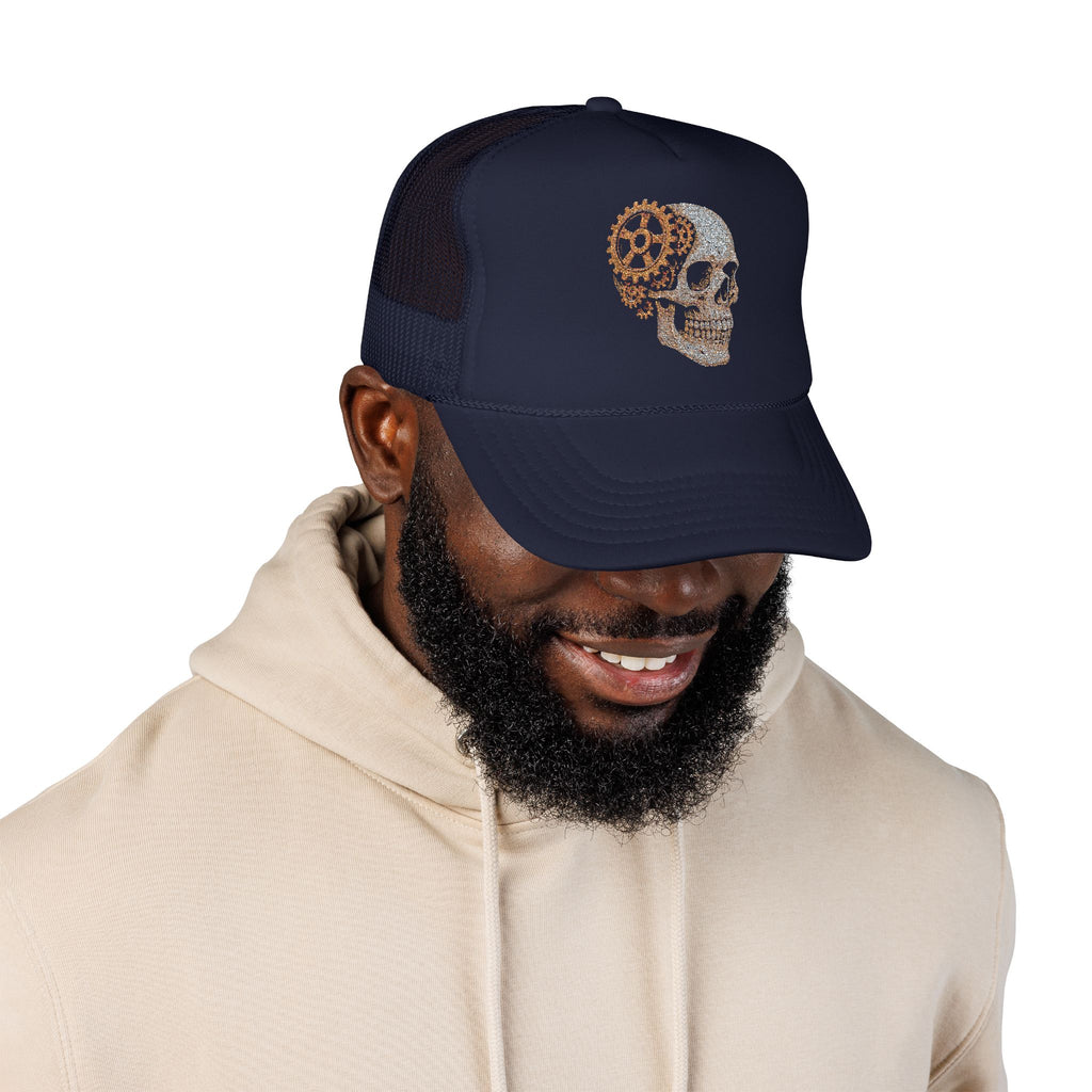 Gothic Skull Trucker Hat, Embroidered Foam Cap, Perfect for Festivals, Concerts, Halloween, Unique Gift for Him