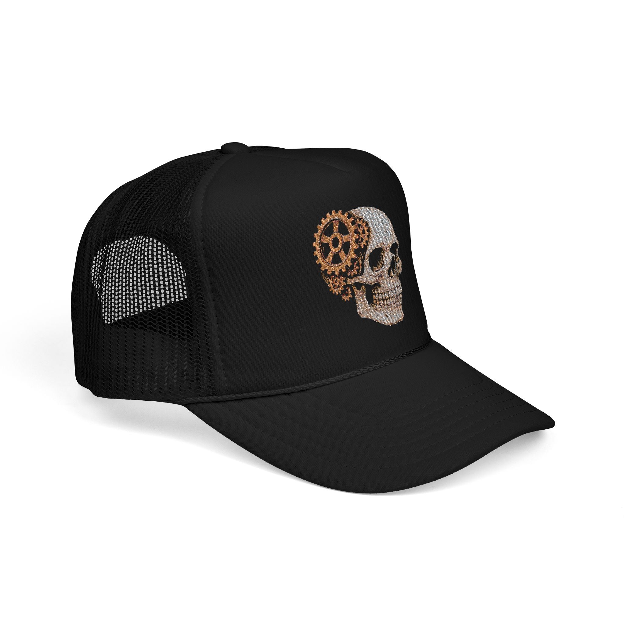 Gothic Skull Trucker Hat, Embroidered Foam Cap, Perfect for Festivals, Concerts, Halloween, Unique Gift for Him