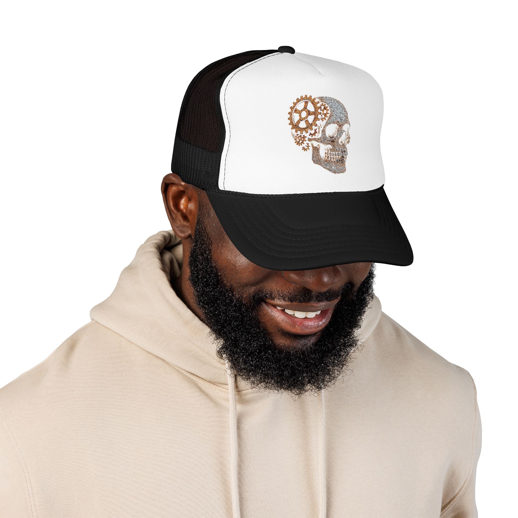 Gothic Skull Trucker Hat, Embroidered Foam Cap, Perfect for Festivals, Concerts, Halloween, Unique Gift for Him