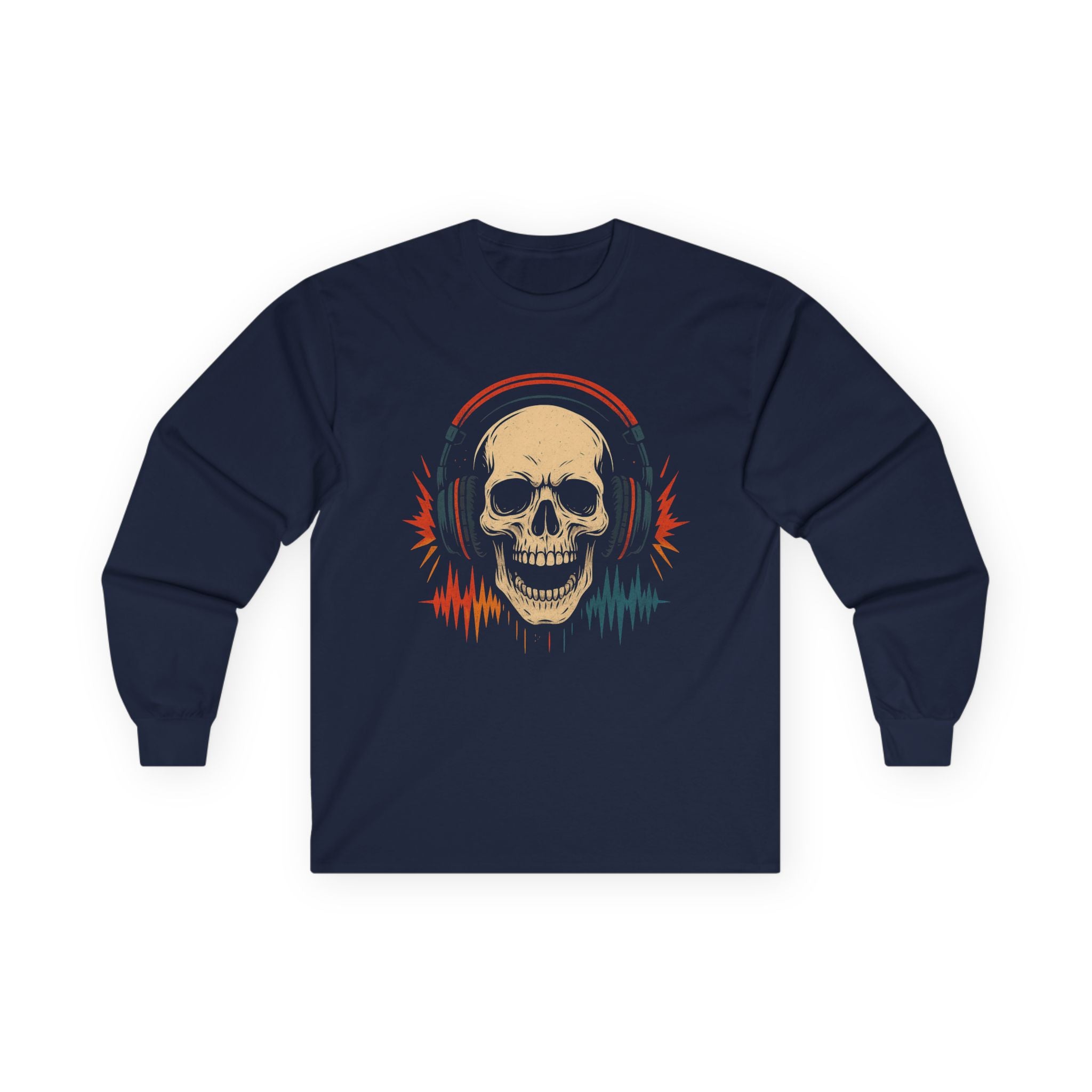 Skull Headphones Long Sleeve Tee - Music Lover Gift, Rocker Shirt, Halloween Apparel, Unisex Graphic Shirt, Gift for Him/Her