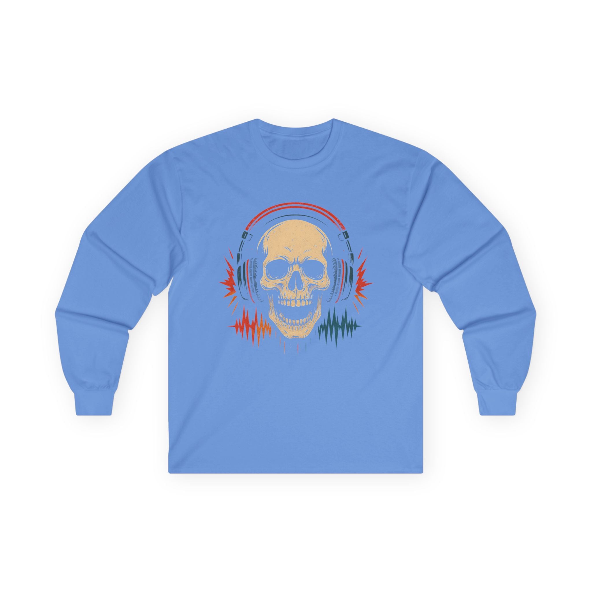 Skull Headphones Long Sleeve Tee - Music Lover Gift, Rocker Shirt, Halloween Apparel, Unisex Graphic Shirt, Gift for Him/Her