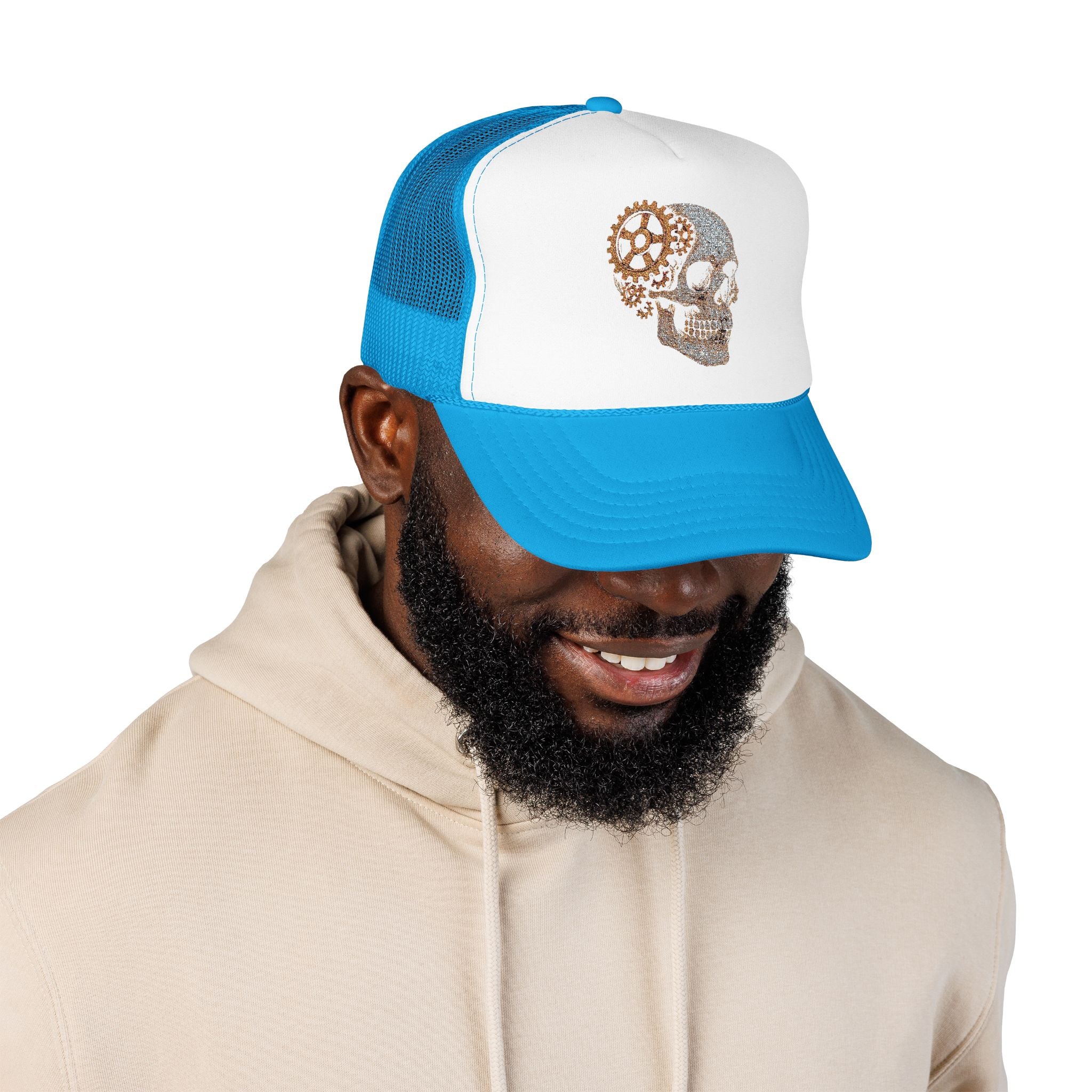 Gothic Skull Trucker Hat, Embroidered Foam Cap, Perfect for Festivals, Concerts, Halloween, Unique Gift for Him