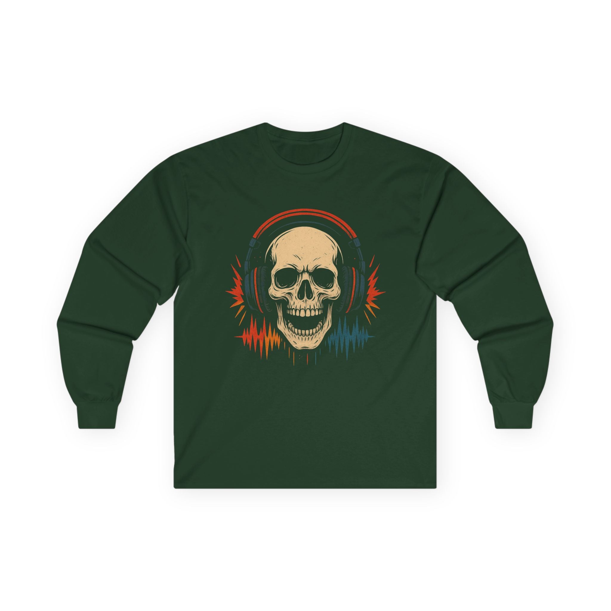 Skull Headphones Long Sleeve Tee - Music Lover Gift, Rocker Shirt, Halloween Apparel, Unisex Graphic Shirt, Gift for Him/Her